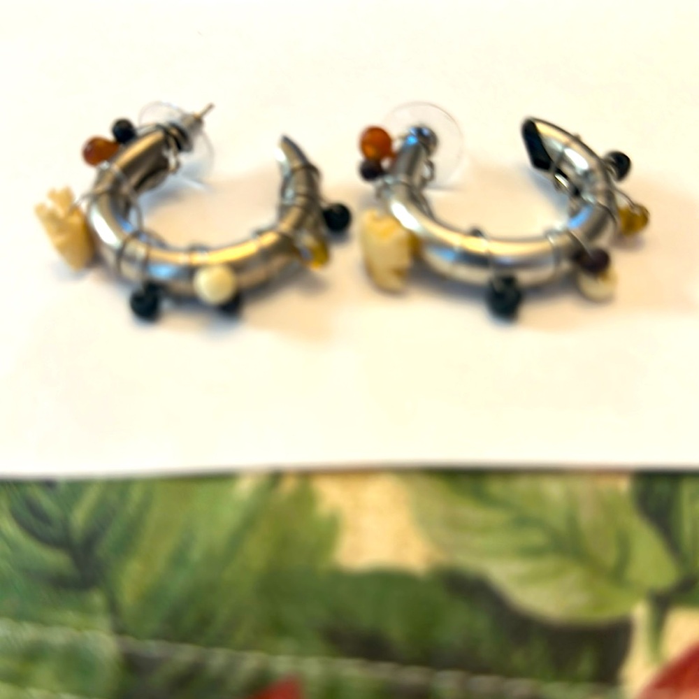 Pierced silver earrings with beads & elephant faux ivory charms